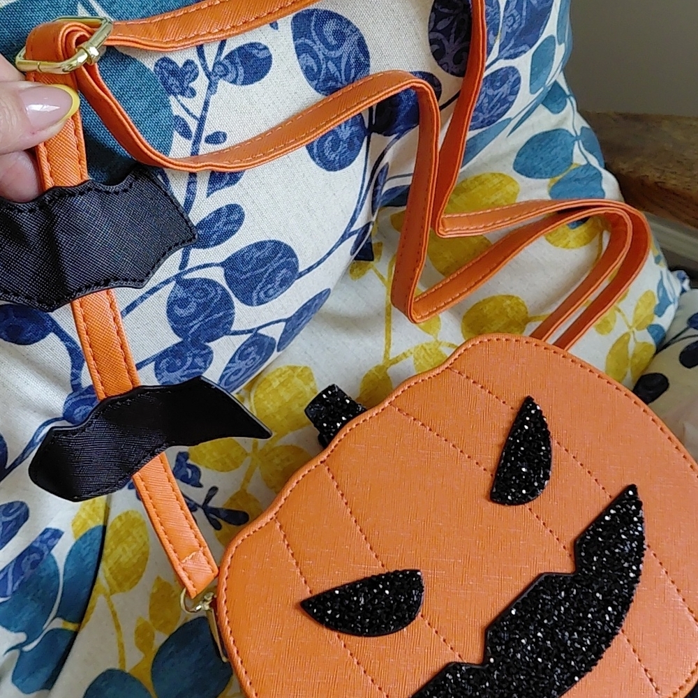 Orange Pumpkin Crossbody Bag with Black Bat Detail